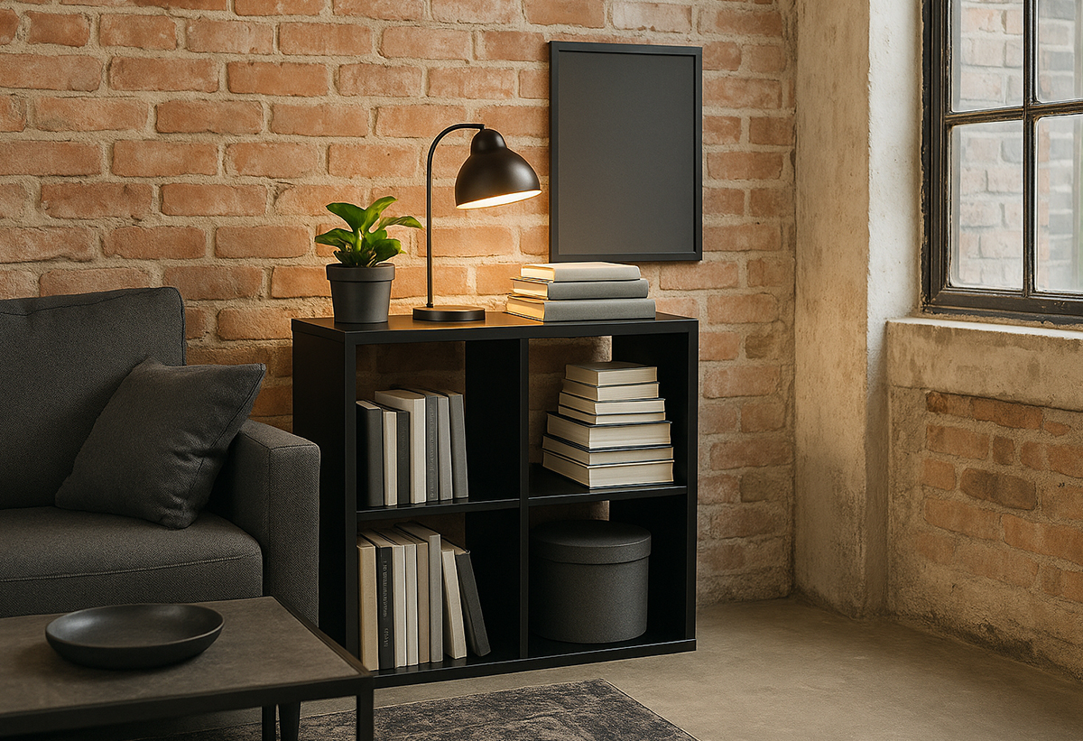 Απεικονίζεται η βιβλιοθήκη σε ένα σαλόνι.